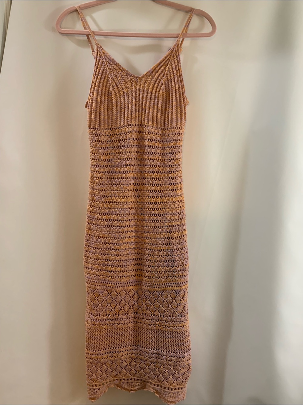Freshman 1996 Peach Pink Crochet Midi Slip Dress with V-Neck